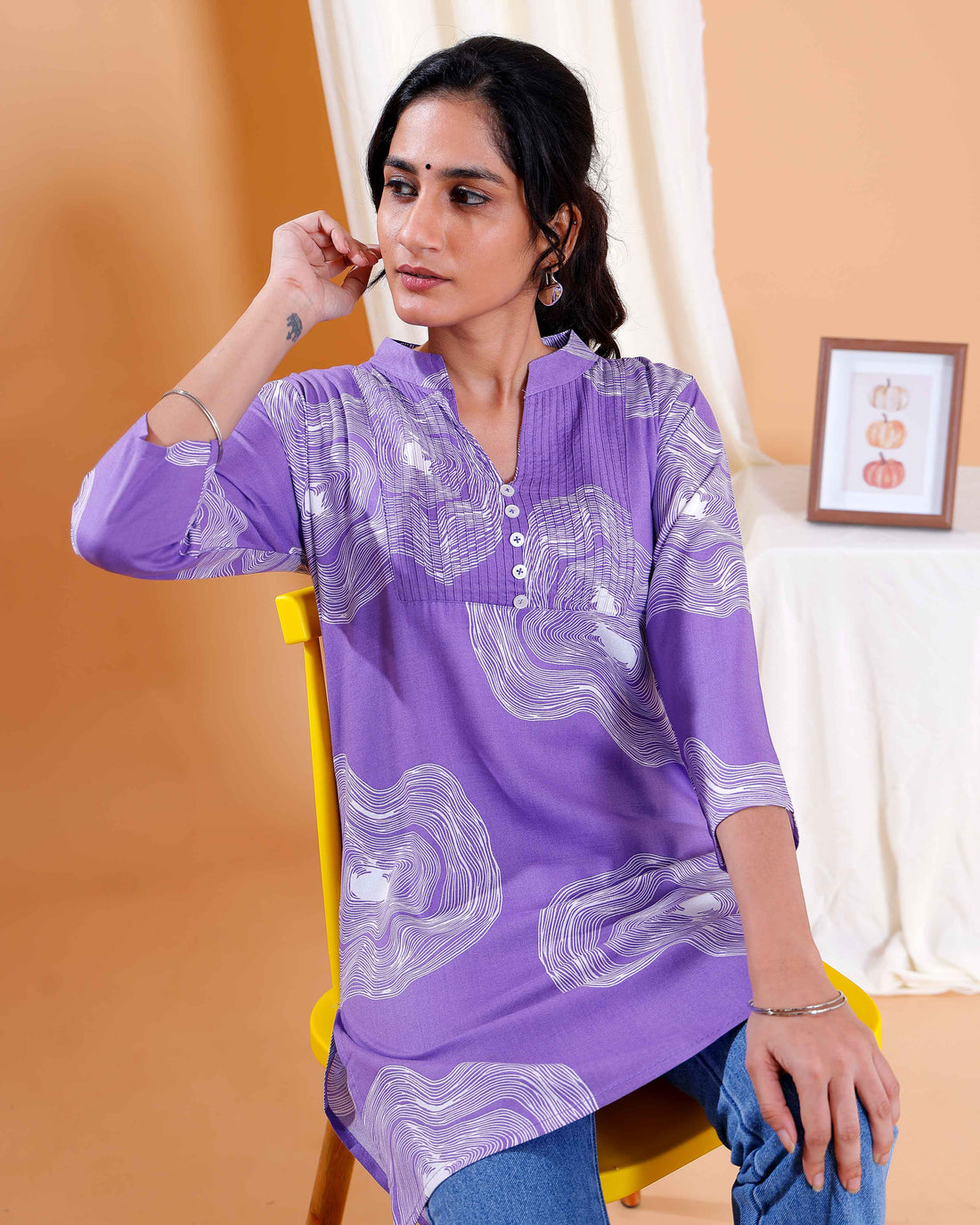 Purple Abstract Print Cotton Straight Kurti