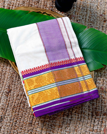 Men’s Cotton Dhoti with Violet Colour Border - White