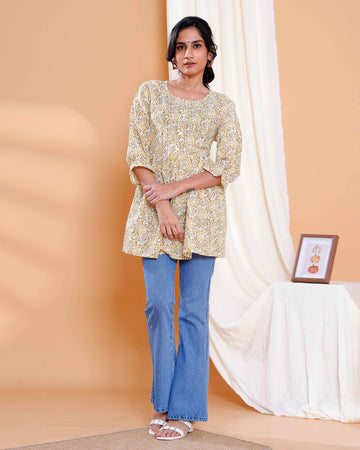 Yellow Floral Printed Cotton Kurti