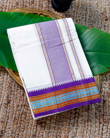 Men’s Cotton Dhoti with Violet Colour Border - White