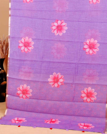 Ethnic Purple Linen saree with Multi-color Paisley and Floral Design