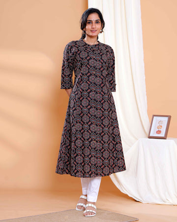 Black Ajrakh Shifat Printed Cotton A-Line Kurta