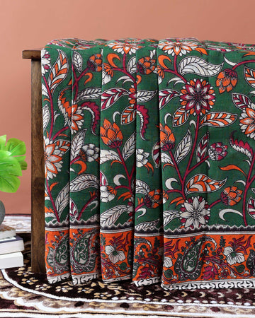 Traditional Handloom Kalamkari Cotton Saree with Intricate Floral and Avian Motifs - Green