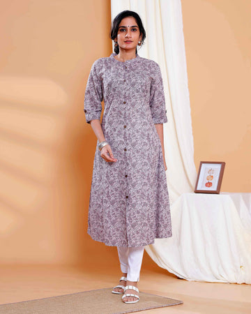 Grey Ajrakh Shifat Printed Cotton A-Line Kurta