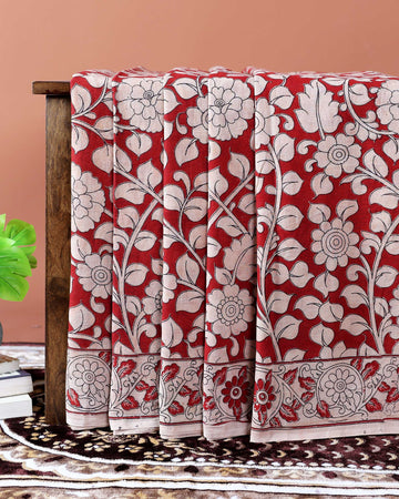 Handloom Kalamkari Cotton Saree with Traditional Floral & Leafy Motifs - Red