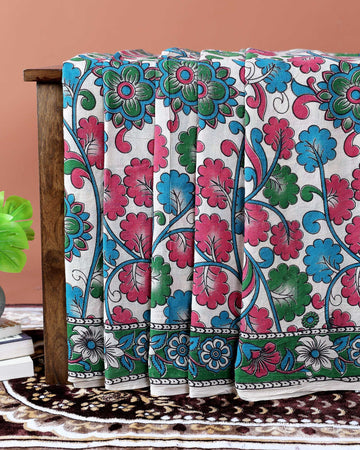 Traditional Kalamkari Print Cotton Saree with Floral Motifs - Cream