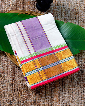 Men’s Cotton Dhoti with Multi Colour Border - White