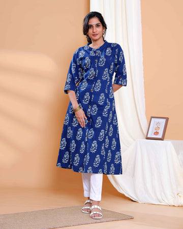 Navy Blue Floral Printed A-Line Kurta with Round Neck and Button Detailing