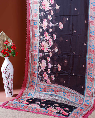 Stylish Georgette Saree with Bold Floral Prints and Traditional Patterned Border - Black