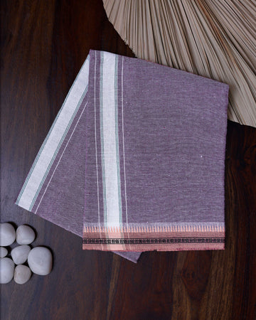 Men's Handloom Cotton Dhoti with Striped Pattern and Peach Border - Purple