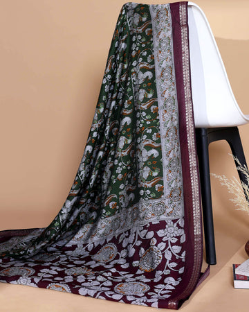 Elegant Semi Chanderi Saree with Traditional Kalamkari Handcrafted Motifs and Intricate Zari Border - Green