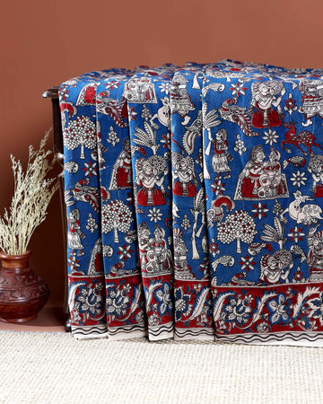 Traditional Handloom Kalamkari Cotton Saree with Intricate Floral and Avian Motifs - Navy Blue