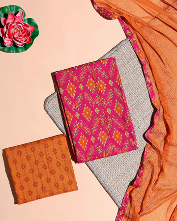 Women's Traditional Ikat Printed Cotton Salwar Material with Contrasting Bottom and Elegant Dupatta - Pink