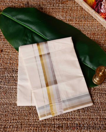 Traditional Handwoven Cotton Dhoti with Multi Color Border and Elegant Finish - Off White