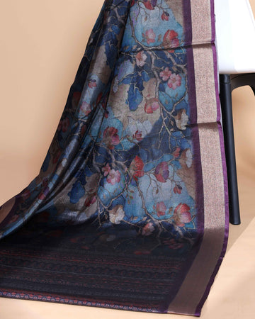Blue Art Silk Saree with Intricate Floral and Geometric Weave Pattern