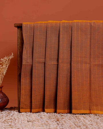 Traditional Chettinad Cotton Saree with Subtle Stripes and Traditional Weave - Brown