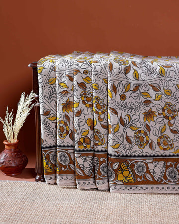 Traditional Handloom Kalamkari Cotton Saree with Intricate Floral and Avian Motifs - White