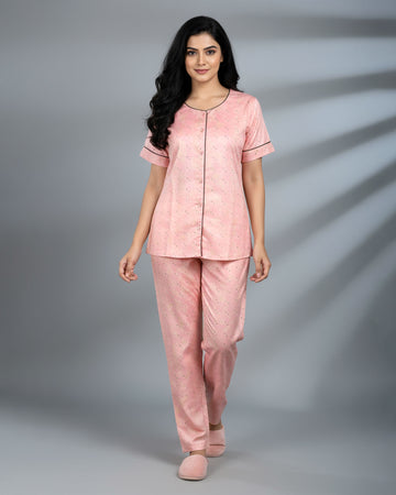 Women's Soft & Comfortable Subtle Print Nightwear Set -Peach