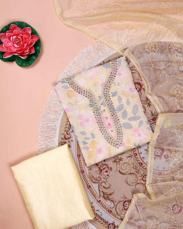 Women's Floral Embroidered Salwar Suit Material with Beaded Neckline and Net Dupatta - Yellow