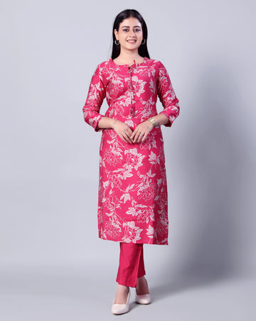 Women's Elegant Floral Print Straight Kurta with Solid Palazzo Set - Magenta