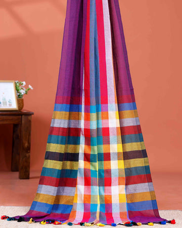 Handloom Mul Mul Cotton Saree with Vertical Stripe Pattern and Decorative Tassels - Purple