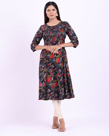 Women's Elegant Embroidered & Printed Flared Kurta - Multi