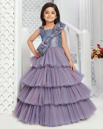 Purple Embellished jacquard Model Work Frock