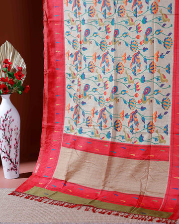 Traditional Kota Cotton Saree with Intricate Floral and Paisley Weaving and Contrast Woven Border - Sandal