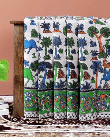 Handcrafted Traditional Kalamkari Cotton Saree with Nature & Wildlife Motifs- Cream