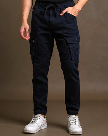 Men’s Tapered Fit Cargo Pant with Drawstring Waist and Multiple Utility Pockets - Navy Blue