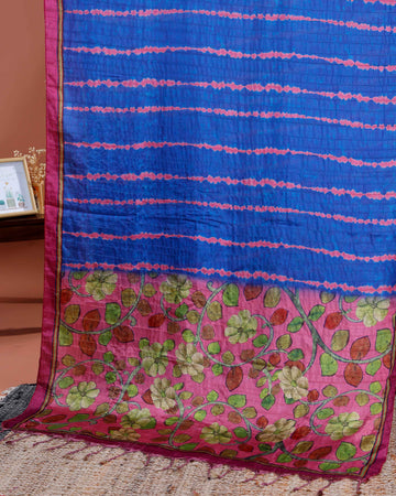 Elegant Semi Tussar Silk Saree with Intricate Nature-Inspired Patterns and Textured Stripes - Blue