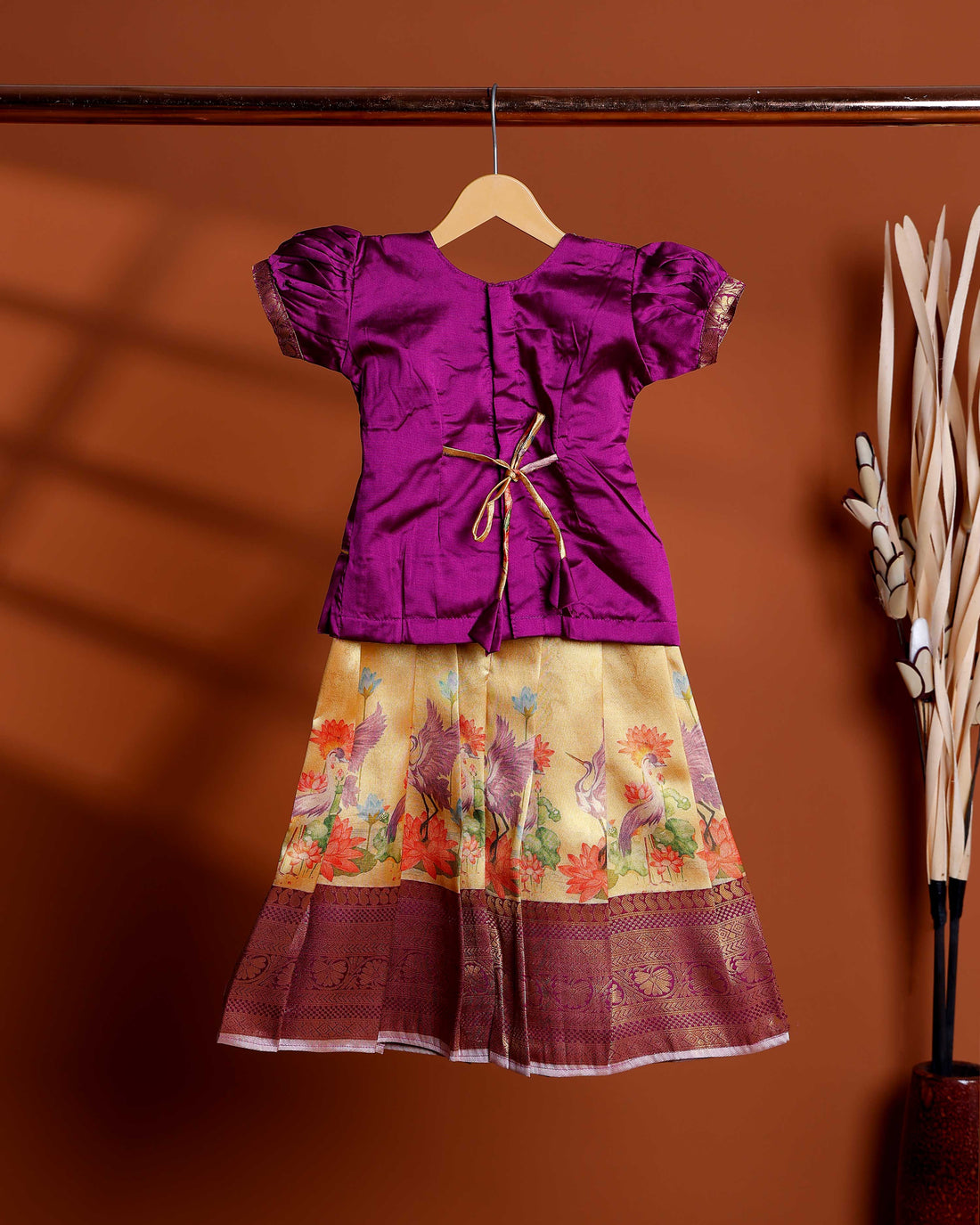 Elegant Kids Readymade Pattu Pavadai with Traditional Peacock Motif Skirt - Purple