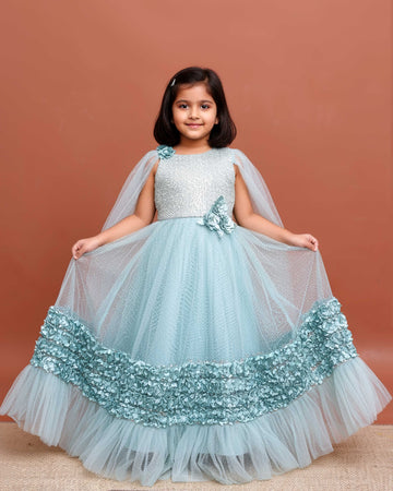 Girls Embellished Net Frock with Cape Sleeves and Ruffled - Green