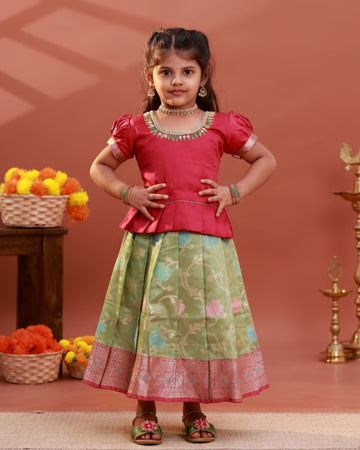 Kids Readymade Pattu Pavadai Set with Embellished Neck Puff Sleeve Blouse and Printed Skirt - Red