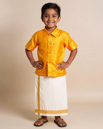 Traditional Kids Shirt and Dhoti Set - Gold