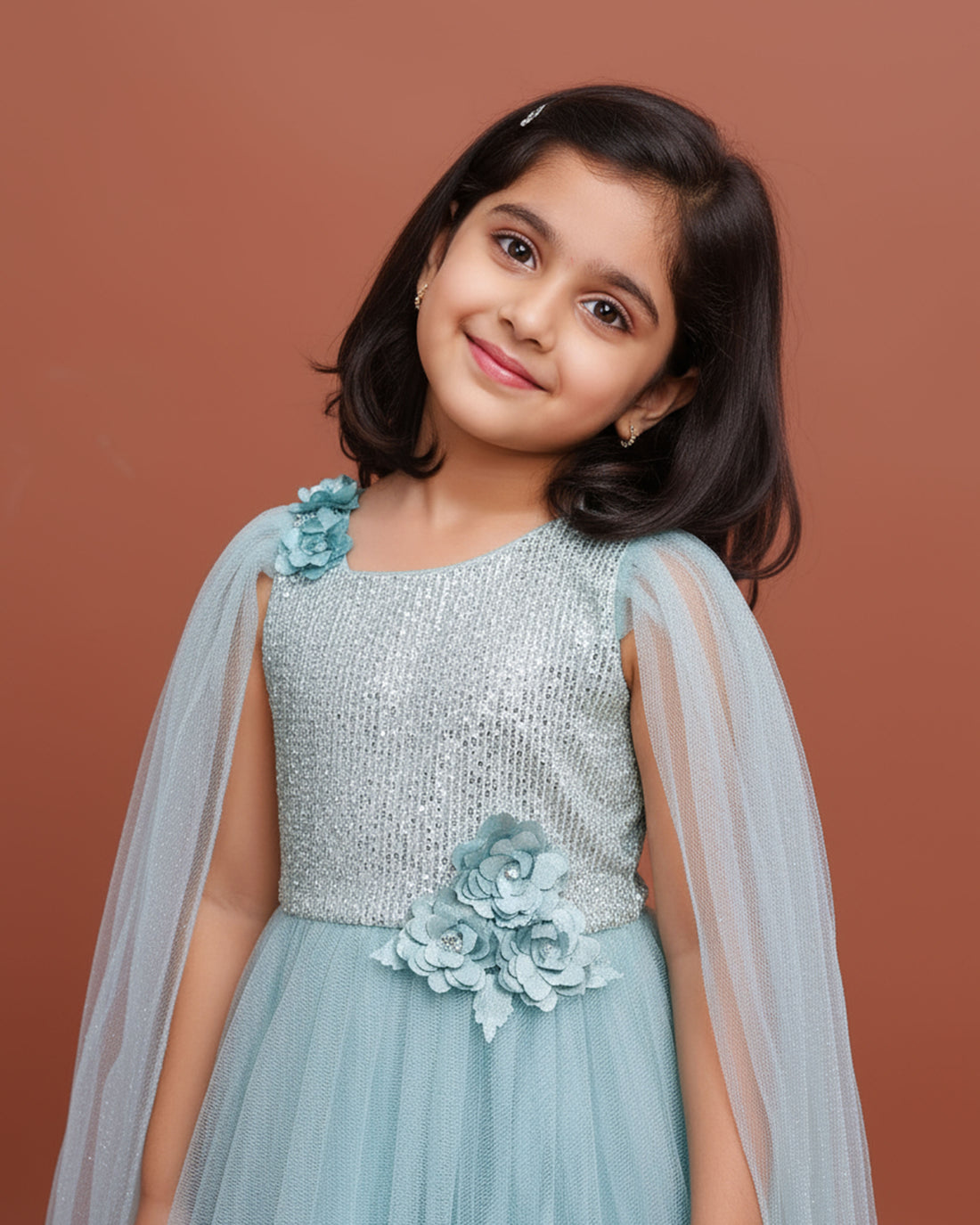 Girls Embellished Net Frock with Cape Sleeves and Ruffled  - Green