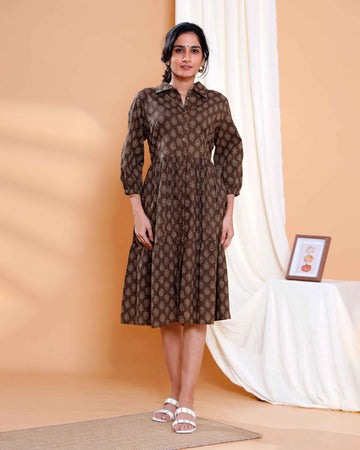 Elegant Brown Cotton Dress with Beige Leaf Motifs and Gathered Waist