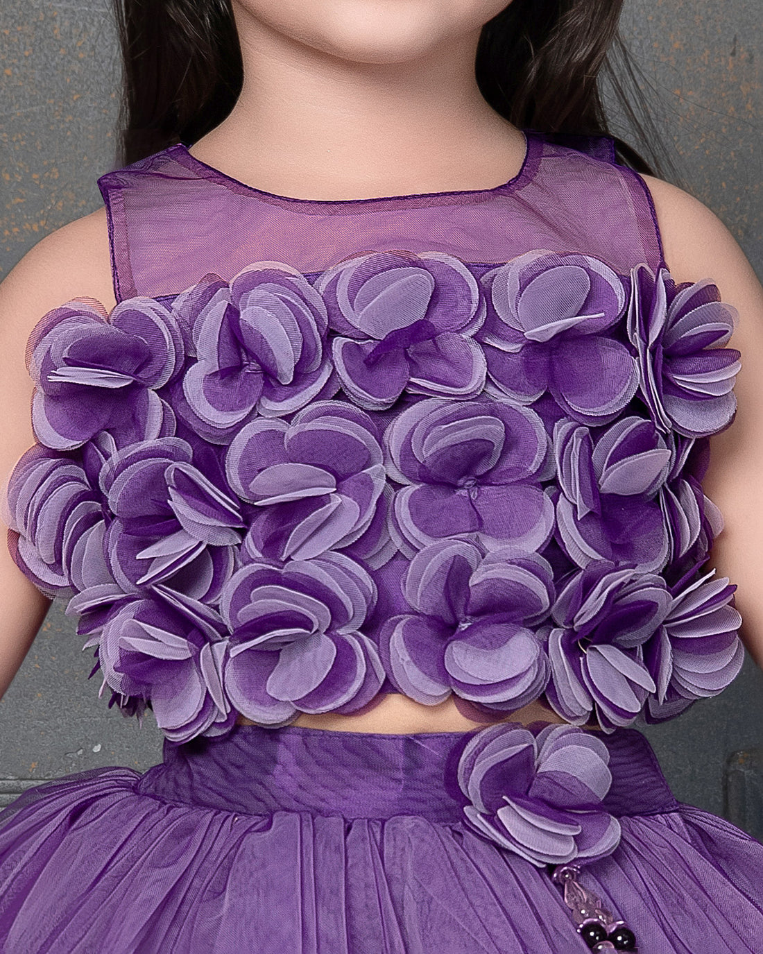 Girls' Embellished Floral Net Party Wear Frock with Sleeveless Crop Top and Flared Skirt - Lavender