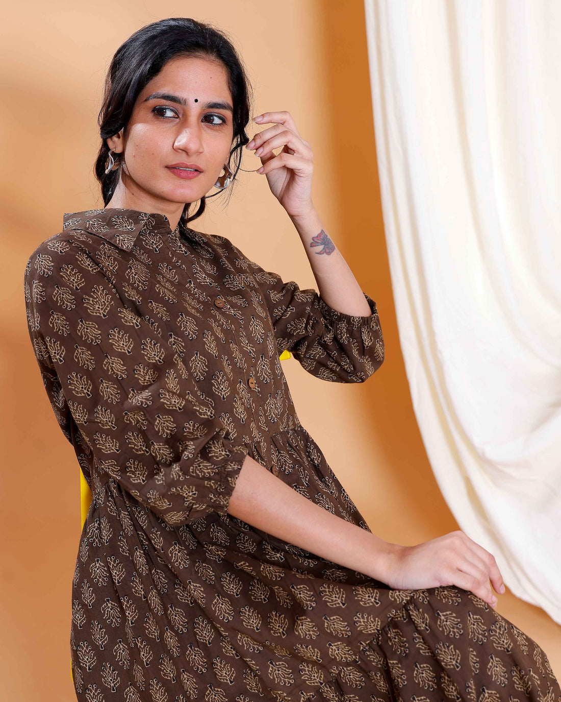 Elegant Brown Cotton Dress with Beige Leaf Motifs and Gathered Waist