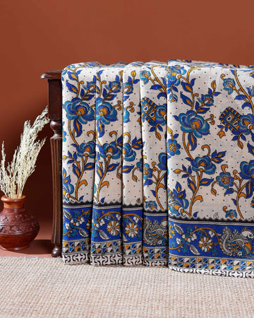 Traditional Handloom Kalamkari Cotton Saree with Intricate Floral and Avian Motifs - Blue