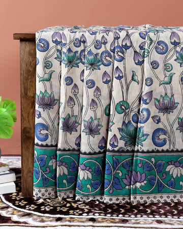Kalamkari Hand-Painted Cotton Saree with Lotus Motif and Intricate Border - Cream
