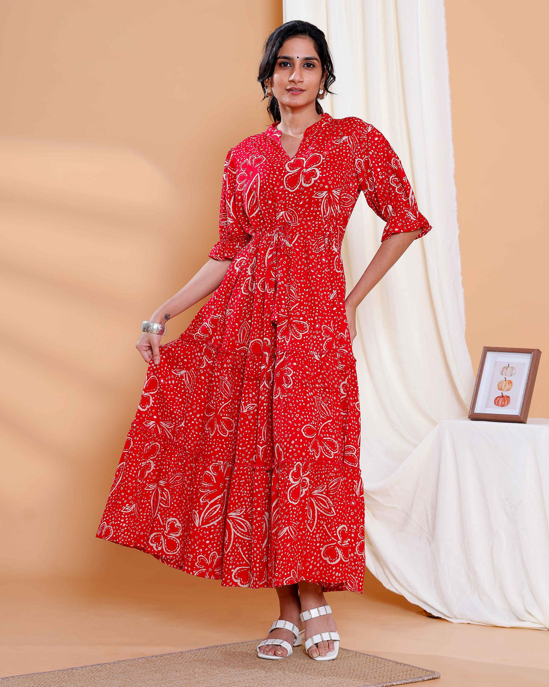 Elegant Red Long Dress with White Leaf Motifs and Flared Hem