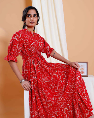 Elegant Red Long Dress with White Leaf Motifs and Flared Hem