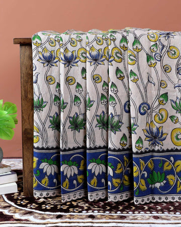 Kalamkari Cotton Saree with Traditional Lotus and Floral Motif Border -Cream