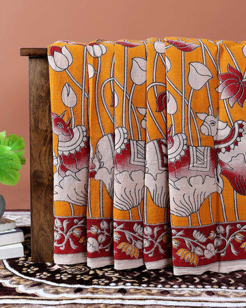 Traditional Handloom Kalamkari Cotton Saree with Avian & Lotus Motifs - Yellow
