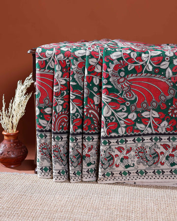 Traditional Handloom Kalamkari Cotton Saree with Intricate Floral and Avian Motifs - Multi