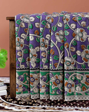 Traditional Kalamkari Cotton Saree with Traditional Floral Motifs - Purple