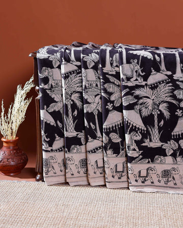 Traditional Handloom Kalamkari Cotton Saree with Intricate Floral and Avian Motifs - Navy Blue
