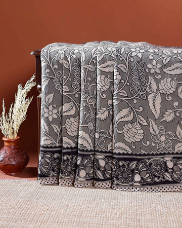 Traditional Handloom Kalamkari Cotton Saree with Intricate Floral and Avian Motifs - Grey