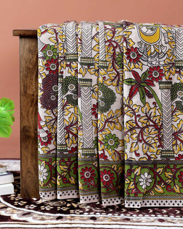 Traditional Kalamkari Cotton Saree with Traditional Floral & Avian Motifs - Sandal